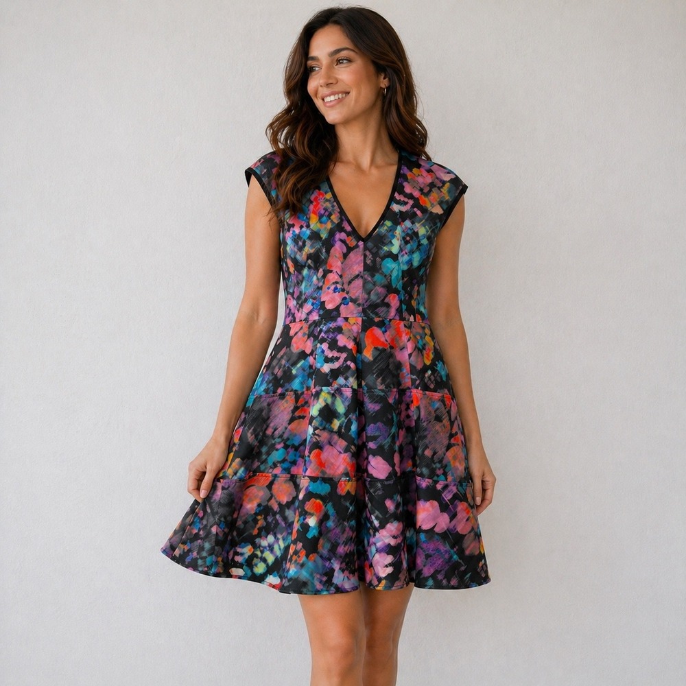 Nanette Lepore Womens Size 8 Fit Flare Dress Black Floral V Neck Party